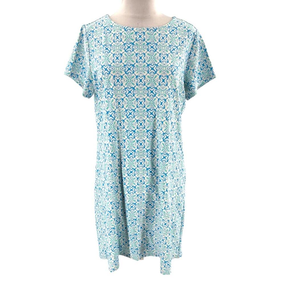 Jude Connally Ella Short Sleeve Shift Dress blue and white geometric print sz M